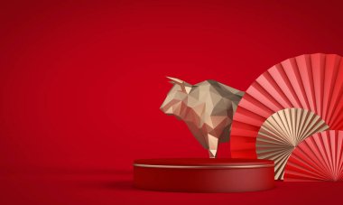 Çin 'de Ox arka planında yeni yıl. Kırmızı ve altın madalyalar. 3B Hazırlama
