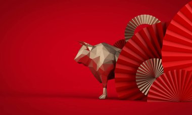 Çin 'de Ox arka planında yeni yıl. Kırmızı ve altın madalyalar. 3B Hazırlama