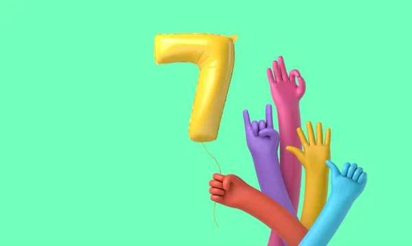 Mani colorate che tengono un palloncino felice festa di settimo compleanno. Rendering 3D — Foto Stock