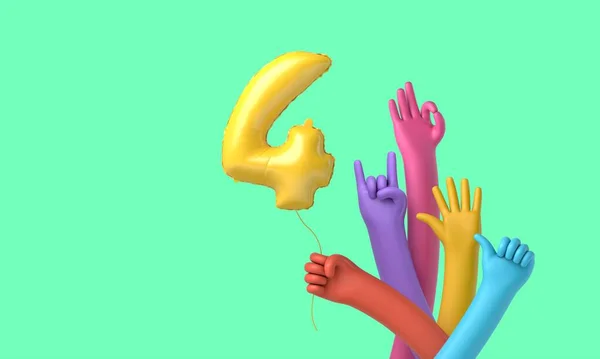 Manos coloridas sosteniendo un feliz globo de fiesta de 4º cumpleaños. Renderizado 3D —  Fotos de Stock