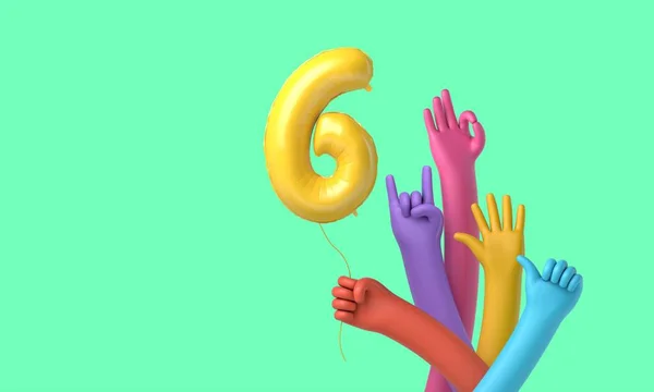 Barevné ruce drží šťastný balón k 6. narozeninám. 3D vykreslování — Stock fotografie