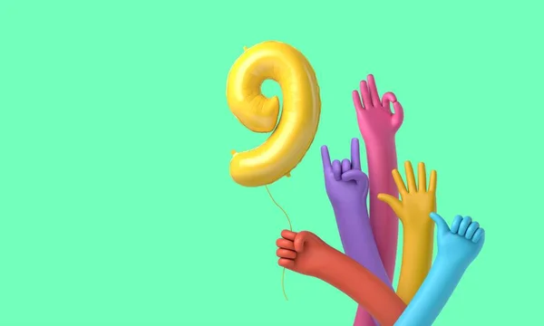 Красочные руки, держащие счастливый воздушный шар на 9-й день рождения. 3D рендеринг — стоковое фото