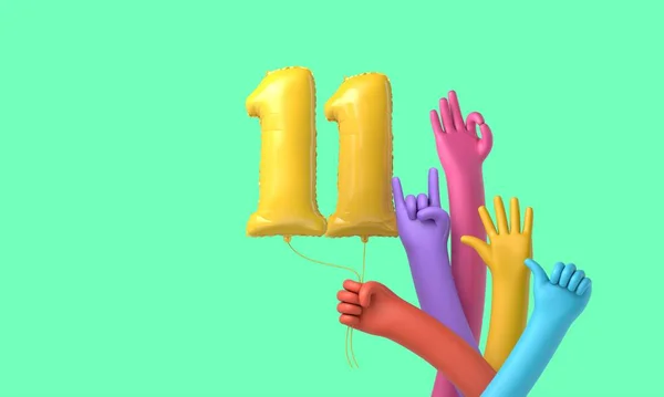 Manos coloridas sosteniendo un globo de fiesta de cumpleaños 11 feliz. Renderizado 3D —  Fotos de Stock