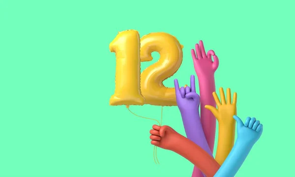 Manos coloridas sosteniendo un feliz globo de fiesta de 12 cumpleaños. Renderizado 3D —  Fotos de Stock