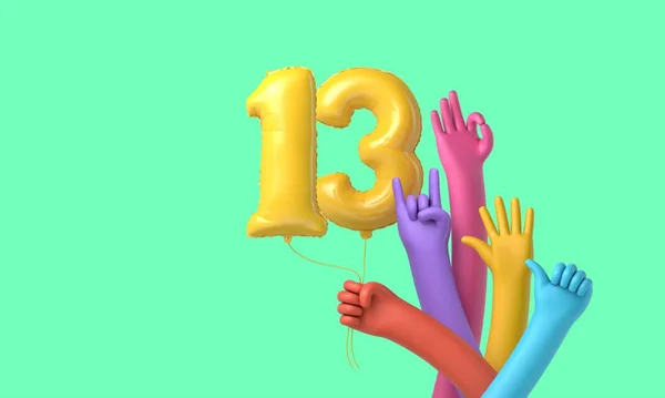 Barevné ruce drží šťastný balón oslavy 13. narozenin. 3D vykreslování — Stock fotografie