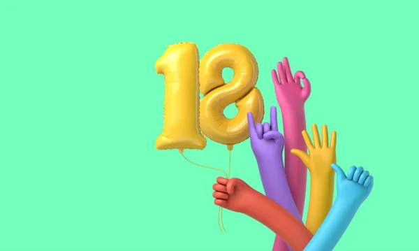 Mani colorate che tengono un palloncino felice per la festa di 18 anni. Rendering 3D — Foto Stock