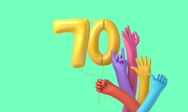 Färgglada händer som håller en glad 70-årsfest ballong. 3D-återgivning — Stockfoto