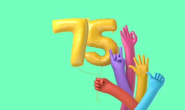 Mãos coloridas segurando um balão feliz festa de aniversário de 75 anos. Renderização 3D — Fotografia de Stock