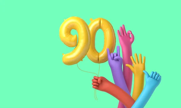 Colourful hands holding a happy 90th birthday party balloon. 3D Rendering — Stock Photo, Image