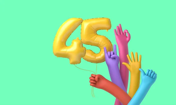 五颜六色的手拿着一个快乐的45岁生日派对气球。3D渲染 — 图库照片