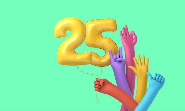 Colourful hands holding a happy 25th birthday party balloon. 3D Rendering — Stock Photo, Image