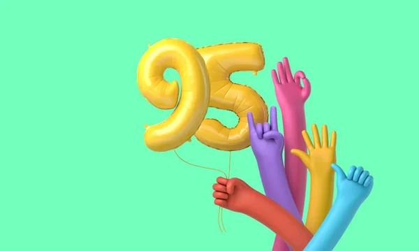 Colourful hands holding a happy 95th birthday party balloon. 3D Rendering — Stock Photo, Image