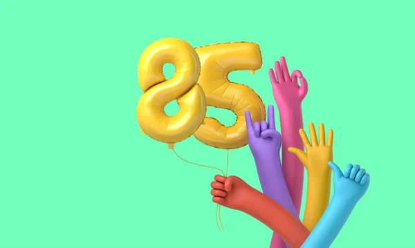Mãos coloridas segurando um feliz balão de festa de aniversário 85. Renderização 3D — Fotografia de Stock