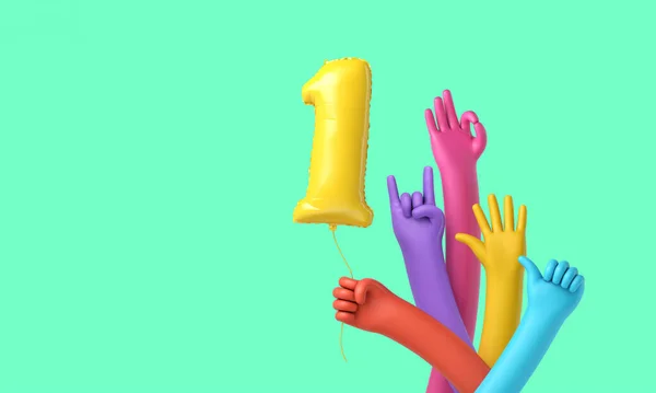 Manos coloridas sosteniendo un globo feliz de la fiesta del primer cumpleaños. Renderizado 3D —  Fotos de Stock