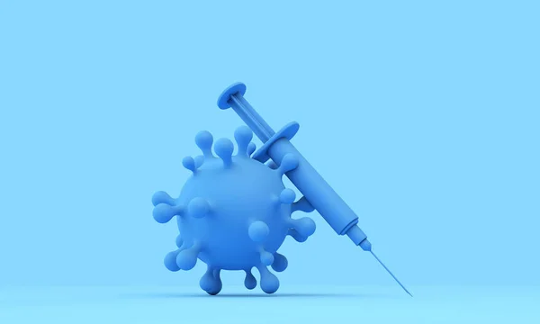 Концепция вакцинации. Вирус коронавируса с инъекционным шприцем. 3D рендеринг — стоковое фото