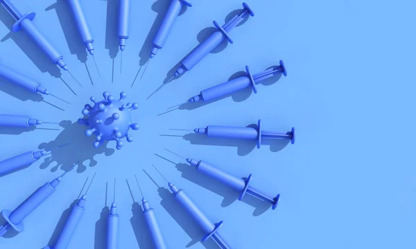 La seringue de vaccination entoure une molécule virale. Rendu 3D — Photo