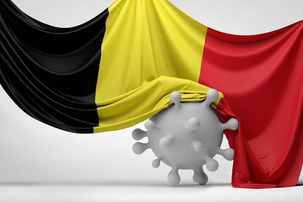 比利时国旗盖住了Covid病毒分子。3D渲染 — 图库照片