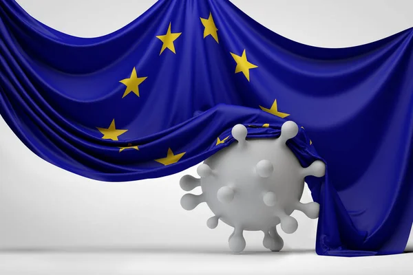 Bandera de la Unión Europea envuelta sobre una molécula del virus Covid. Renderizado 3D —  Fotos de Stock