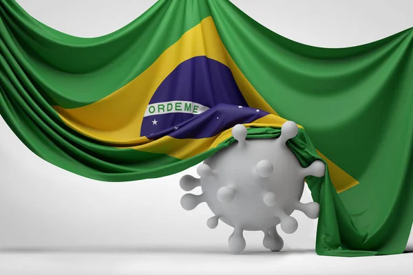 Brasiliens Nationalflagge drapierte ein Molekül der Covid-Viruserkrankung. 3D-Rendering — Stockfoto