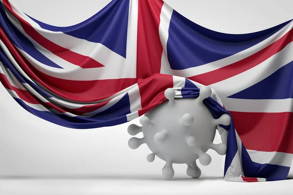 Birleşik Krallık bayrağı bir Covid virüs molekülünün üzerine örtülmüş. 3B Hazırlama — Stok fotoğraf