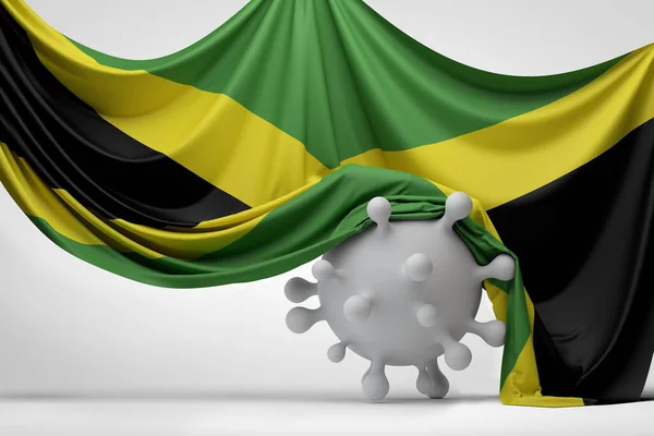 Jamaikas Nationalflagge drapierte ein Molekül der Covid-Viruserkrankung. 3D-Rendering — Stockfoto