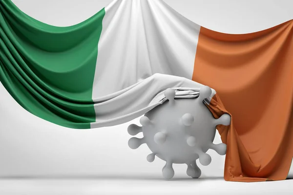 Bandera nacional de Irlanda envuelta sobre una molécula del virus Covid. Renderizado 3D — Foto de Stock
