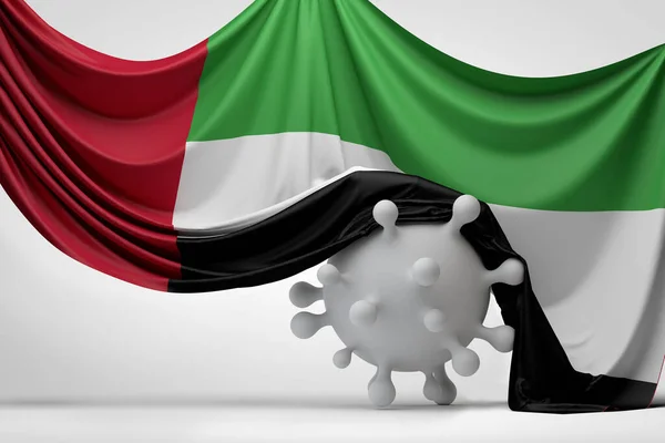 UAE 국가의 국기가 Covid virus disease molecule 에 걸려 있습니다. 3D 렌더링 — 스톡 사진