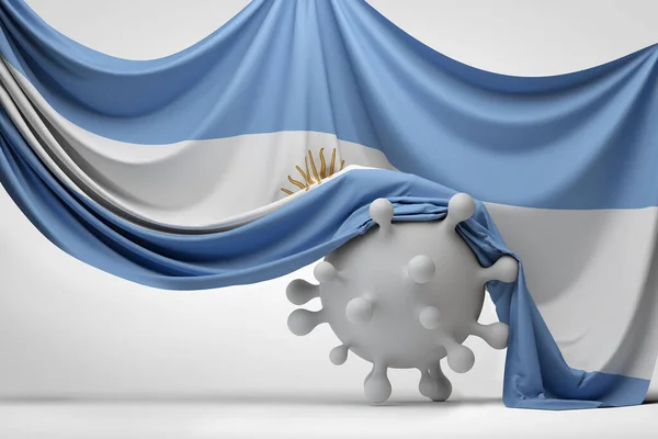 Bandera de Argentina envuelta sobre una molécula del virus Covid. Renderizado 3D —  Fotos de Stock