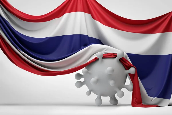 Thailands Nationalflagge drapierte ein Molekül der Covid-Viruserkrankung. 3D-Rendering — Stockfoto