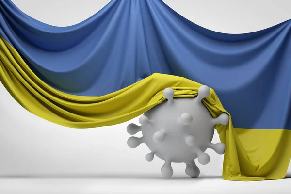 Bandiera nazionale ucraina drappeggiato sopra una molecola di malattia del virus Covid. Rendering 3D — Foto Stock