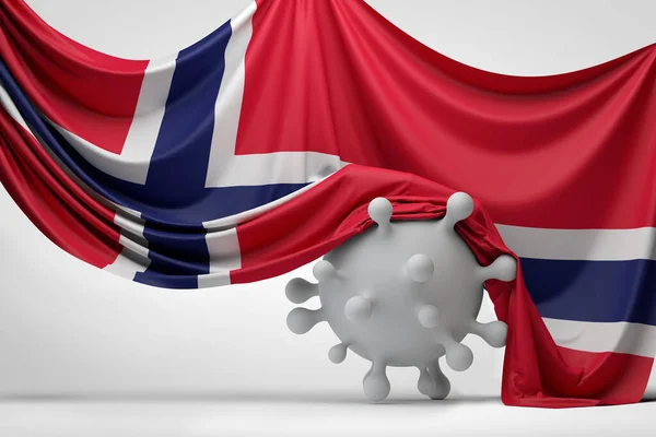 Drapeau national de la Norvège drapé sur une molécule de la maladie à virus Covid. Rendu 3D — Photo