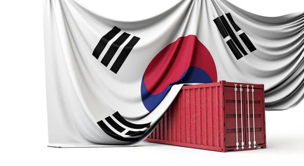 A dél-koreai zászló egy kereskedelmi konténeren volt. 3D Renderelés — Stock Fotó