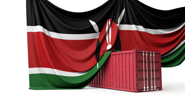 Bandiera del Kenya drappeggiata su un container commerciale. Rendering 3D — Foto Stock