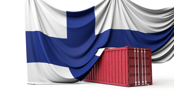 Bandera de Finlandia envuelta sobre un contenedor comercial de transporte marítimo. Renderizado 3D —  Fotos de Stock