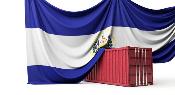 La bandiera di El Salvador era stesa su un container commerciale. Rendering 3D — Foto Stock