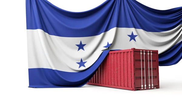 Honduras Flagge drapiert einen Handelsschifffahrtscontainer. 3D-Rendering — Stockfoto