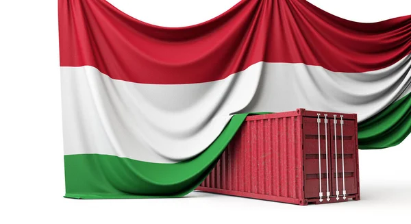 Bandiera Ungheria drappeggiato su un container commerciale. Rendering 3D — Foto Stock