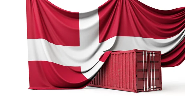 Bandera de Dinamarca envuelta sobre un contenedor comercial de transporte marítimo. Renderizado 3D —  Fotos de Stock