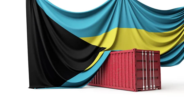 Bandiera delle Bahamas drappeggiata su un container commerciale. Rendering 3D — Foto Stock