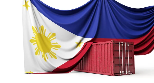 Філіппіни стягували прапор над комерційним транспортним контейнером. 3D Рендерінг — стокове фото