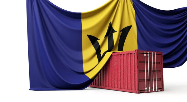 La bandiera delle Barbados era stesa su un container commerciale. Rendering 3D — Foto Stock