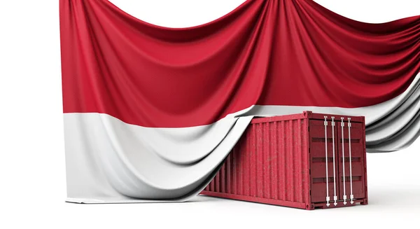 인도네시아의 국기가 무역선 컨테이너 위에 걸려 있다. 3D 렌더링 — 스톡 사진
