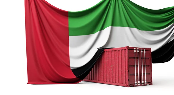 Bandiera degli Emirati Arabi Uniti avvolta su un container commerciale. Rendering 3D — Foto Stock