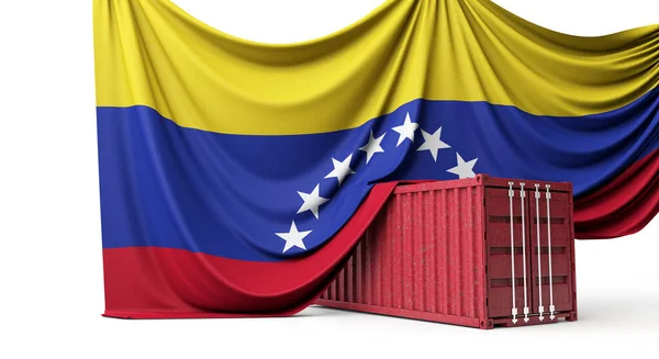 Bandiera Venezuela drappeggiato su un container commerciale. Rendering 3D — Foto Stock