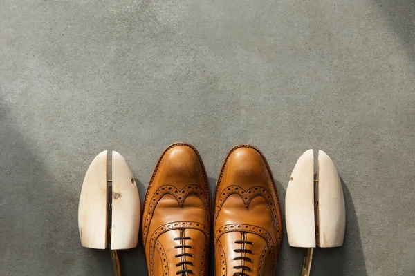 Vista aérea de un par de zapatos formales de cuero marrón bronceado para hombre en concreto — Foto de Stock