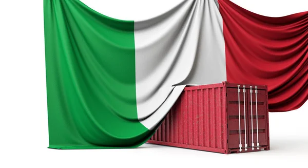 Bandiera Italia drappeggiato su un container commerciale. Rendering 3D — Foto Stock
