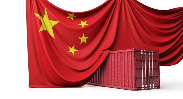 中国国旗盖住了一个商业航运集装箱.3D渲染 — 图库照片