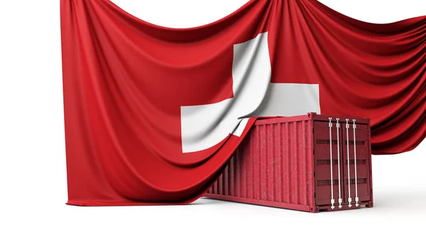 Bandera de Suiza envuelta sobre un contenedor de envío comercial. Renderizado 3D —  Fotos de Stock