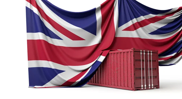 Bandeira do Reino Unido drapeado sobre um contêiner de transporte comercial. Renderização 3D — Fotografia de Stock