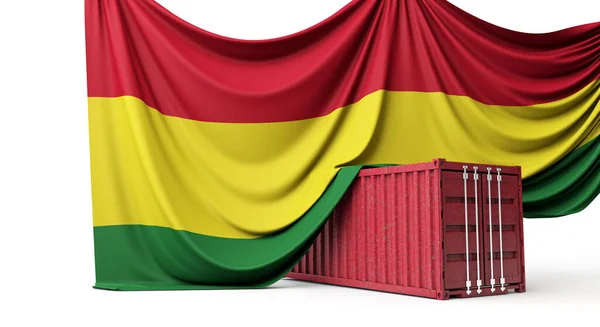 Boliviens Flagge drapierte einen Handelsschifffahrtscontainer. 3D-Rendering — Stockfoto